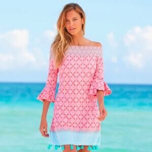 Cabana Life Dress Womens 1X Pink Coral Off the Shoulder Smocked Resort Geometric